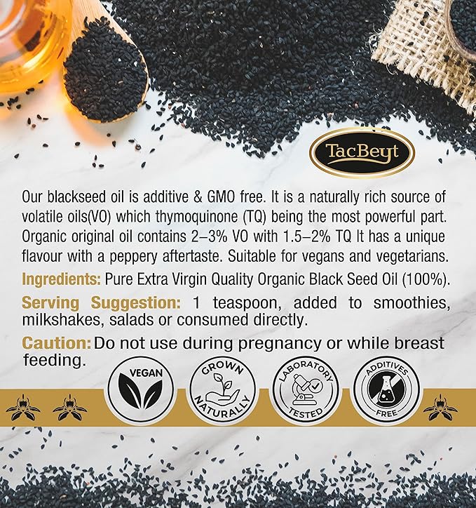 100% Organic Black Seed Oil, 2% Thymoquinone, 3% Volatile Oil, Turkish Liquid, USDA Certified, Gluten Free, Non GMO, Cold-Pressed, (Original 3.38 Fl Oz)