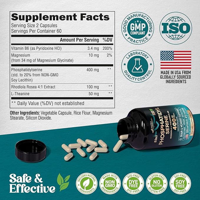 Phosphatidylserine 400 mg with L-Theanine, Magnesium & Vitamin B6, Rhodiola Rosea - Brain, Memory & Focus Support - Certified NON-GMO, Naturally Derived & Bioavailable - Made in USA - 120 Сapsules