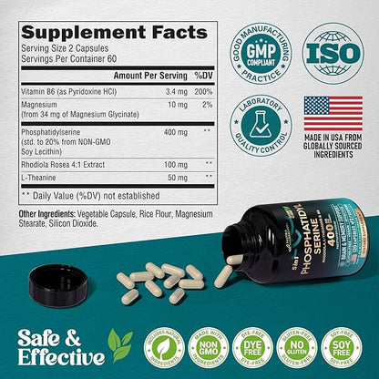 Phosphatidylserine 400 mg with L-Theanine, Magnesium & Vitamin B6, Rhodiola Rosea - Brain, Memory & Focus Support - Certified NON-GMO, Naturally Derived & Bioavailable - Made in USA - 120 Сapsules