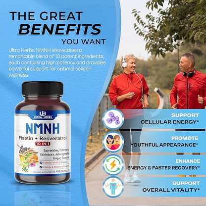 NMNH 10-in-1 – Fisetin, Resveratrol, Spermidine, Elderberry, Ashwagandha, Echinacea, Ginger, Turmeric – Cellular Health & Energy – 150 Capsules – Made in USA