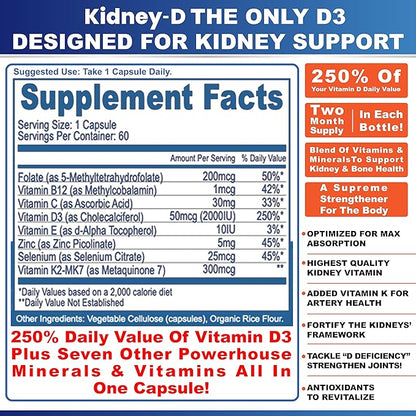 Kidney-D Kidney Supplement. Vitamin D Optimized for Kidney Support. Vitamin D3 and 7 Kidney Vitamins and Nutrients Designed for Kidney Health and More
