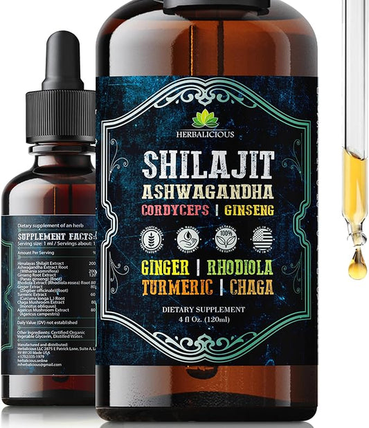 Shilajit Liquid Supplement with Ashwagandha, Cordyceps, Ginseng, Rhodiola, Turmeric, Chaga & Ginger – 8-in-1 Adaptogenic Herbal Drops for Energy, Stress Relief, Focus & Immune Support 4 fl oz