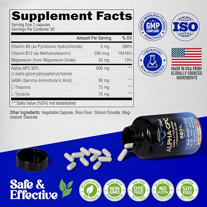 Alpha GPC Supplement with L-Theanine | L-tyrosine | Vitamin B6 & B12 - Alpha GPC 600 mg for Focus, Memory & Energy - Bioactive Choline for Brain & Cognition - for Men & Women - Made in USA - 60 Caps