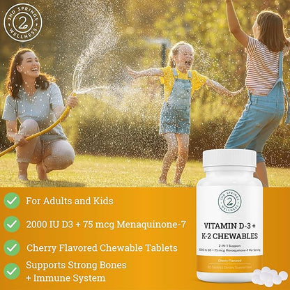 Vitamin D3 + K2 Chewables - 2000 IU Vitamin D and MK7 K2 (Menaquinone-7) - Cherry Flavored Tablets - Vitamin D + K2 Supplement for Adults and Kids