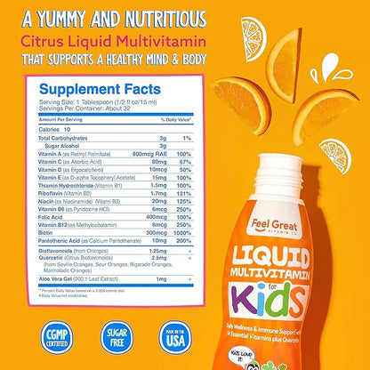 Feel Great Liquid Multivitamin for Kids | Orange Flavored Vegetarian & Sugar Free Kids Liquid Vitamin | Essential Kids Vitamins & Immune Support for Kids | 30 Day Supply