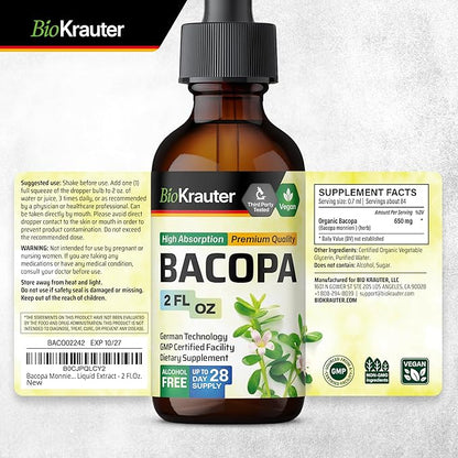 BIO KRAUTER Bacopa Monnieri Drops - Brain Support Brahmi Supplements - Liquid Bacopa Supplements - Alcohol & Sugar Free - Vegan 2 Fl.Oz.