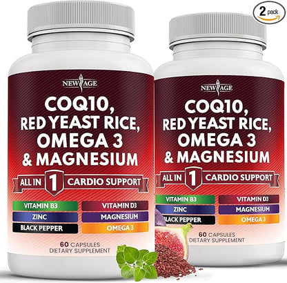 NEW AGE COQ10 200mg Red Yeast Rice 3000mg Omega 3-6-9 3000mg Magnesium Complex 500mg Zinc Vitamin K2 D3 - Vitamins for Women and Men with Vitamin B3, Coenzyme Q10-120 Count