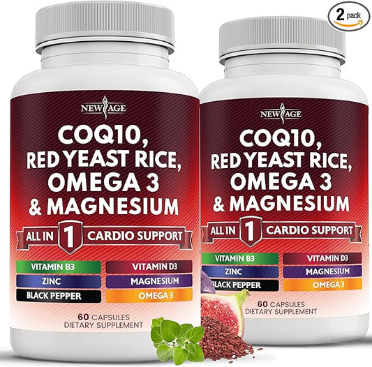 NEW AGE COQ10 200mg Red Yeast Rice 3000mg Omega 3-6-9 3000mg Magnesium Complex 500mg Zinc Vitamin K2 D3 - Vitamins for Women and Men with Vitamin B3, Coenzyme Q10-120 Count