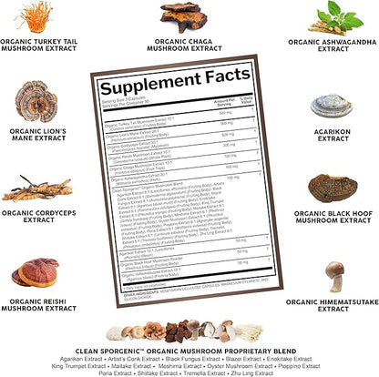 Organic Mushroom Supplement | Ashwagandha Lions Mane Cordyceps Turkey Tail Reishi Mushrooms Maca Root Black Hoof Chaga Tremella Agarikon Shiitake Oyster Powder Capsules Sporgenic by Clean Nutra (1)