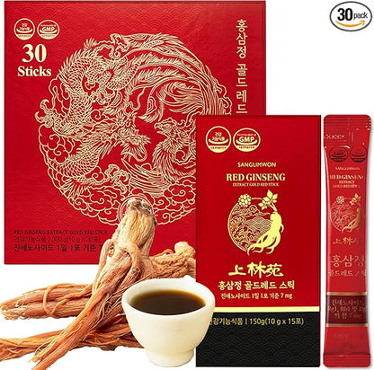 Korean Food Sanglimwon Red Ginseng Gold Stick, 7mg Ginsenosides, 30 Sticks, Korean Panax Ginseng Extract for Vitality and Wellness, 상림원 홍삼, Total 300ml (10.14 fl oz)