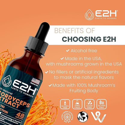 E2H Cordyceps Mushroom Extract - All-Natural Immune System, Energy & Stamina Support from Advanced Mushroom Supplement - Cordyceps Mushrooms Supplement - Non-GMO, Vegan (3 Bottles)