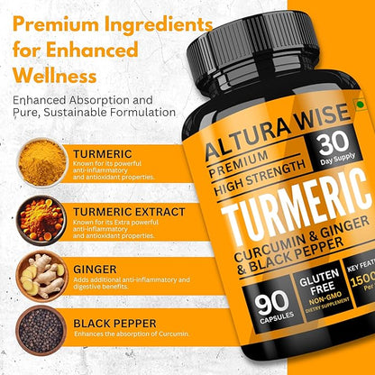 Turmeric Curcumin with Ginger & Black Pepper – Extra Strength Joint & Digestion Support – Natural, Non-GMO – Ultra High Absorption Turmeric Supplement – 1500mg, 90 Count