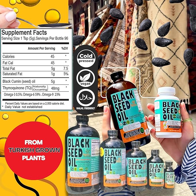 Premium Black Seed Oil Liquid 16 oz - Sugar Free 3 Month Supply Antioxidant Turkish Black Cumin Seed Oil - 3X Thymoquinone Cold Pressed for Immune & Respiratory Support, Vegan, Halal, Sweet Sunnah