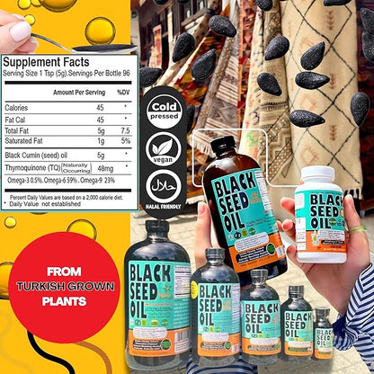 Premium Black Seed Oil Liquid 16 oz - Sugar Free 3 Month Supply Antioxidant Turkish Black Cumin Seed Oil - 3X Thymoquinone Cold Pressed for Immune & Respiratory Support, Vegan, Halal, Sweet Sunnah