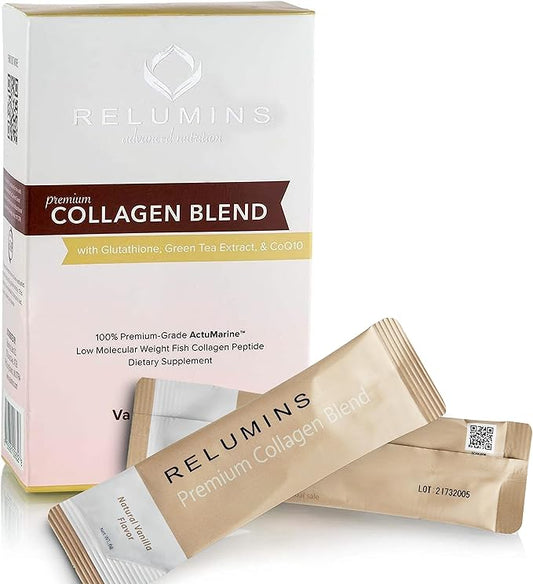 Relumins Marine Collagen Powder Drink Mix - Collagen Peptide with Glutathione, Green Tea, CoQ10, & Hyaluronic Acid Boosts Smooth Glowing Skin - 10 Powder Sachets x Vanilla Flavored