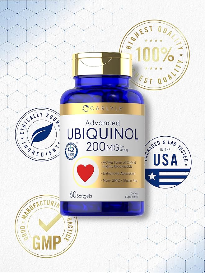 Carlyle Ubiquinol 200mg | 60 Softgels | CoQ10 Supplement | Highly Bioavailable | Non-GMO, Gluten Free