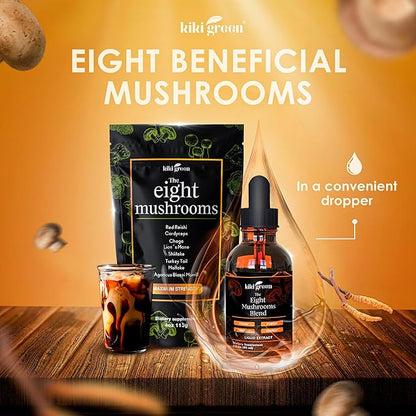 Kiki Green 8 Mushrooms Liquid Extract Drops - Adaptogenic Complex for Cognitive Support, Immunity Boost - Lions Mane Supplement, Cordyceps, Chaga, Reishi, Shiitake, Maitake, Red Reishi