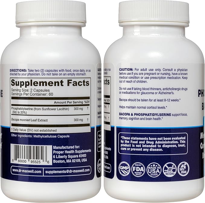 Phosphatidylserine & Bacopa Monnieri, Better Than Each Alone. Phosphatidylserine Supplement 300mg, No Fillers, Soy Free, 2in1, 120 Capsules. Memory Support