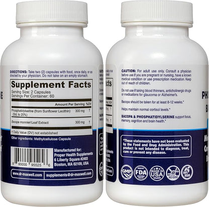 Phosphatidylserine & Bacopa Monnieri, Better Than Each Alone. Phosphatidylserine Supplement 300mg, No Fillers, Soy Free, 2in1, 120 Capsules. Memory Support