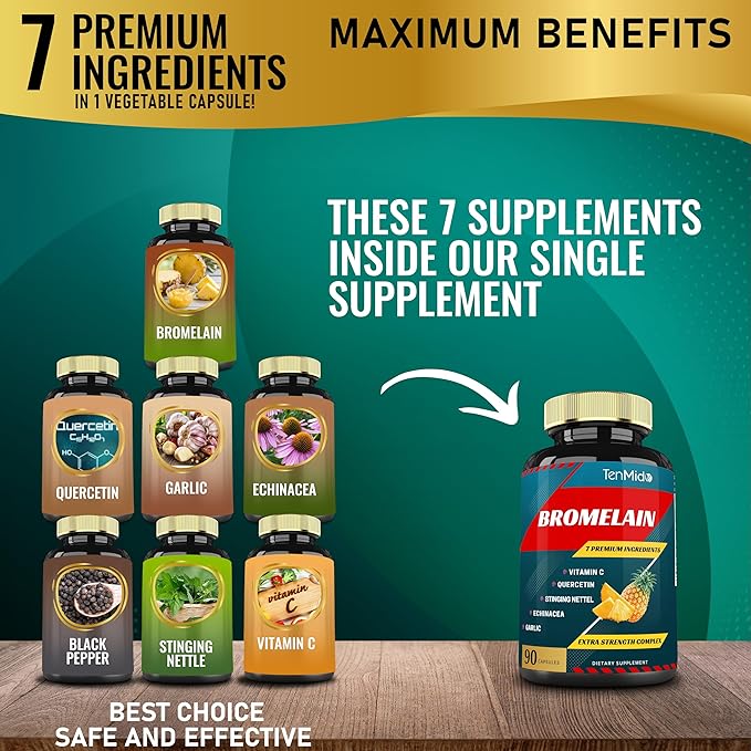 Bromelain Extract Capsules, Proteolytic Enzymes & VitC, Quercetin, Echinacea, Garlic, Pepper - Supports Digestion Health, Nutrient Absorption - 90caps, 3Months Supply