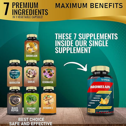 Bromelain Extract Capsules, Proteolytic Enzymes & VitC, Quercetin, Echinacea, Garlic, Pepper - Supports Digestion Health, Nutrient Absorption - 90caps, 3Months Supply