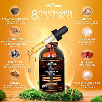 Kiki Green 8 Mushrooms Liquid Extract Drops - Adaptogenic Complex for Cognitive Support, Immunity Boost - Lions Mane Supplement, Cordyceps, Chaga, Reishi, Shiitake, Maitake, Red Reishi