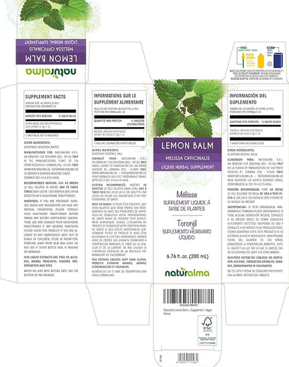 Naturalma Lemon Balm (Melissa officinalis) Leaf Alcohol-Free Tincture - 6.76 fl oz Liquid Extract in Drops - Herbal Supplement - Vegan
