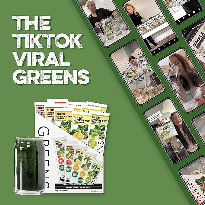 Clean Simple Eats Greens Variety 10 Pack, Greens Powder Mix, Packed with Superfoods Chlorella & Spirulina, Includes 5 Delicious Flavors: Peachy, Green Apple, Raspberry Lemonade, Sweet Lemon & Tropical
