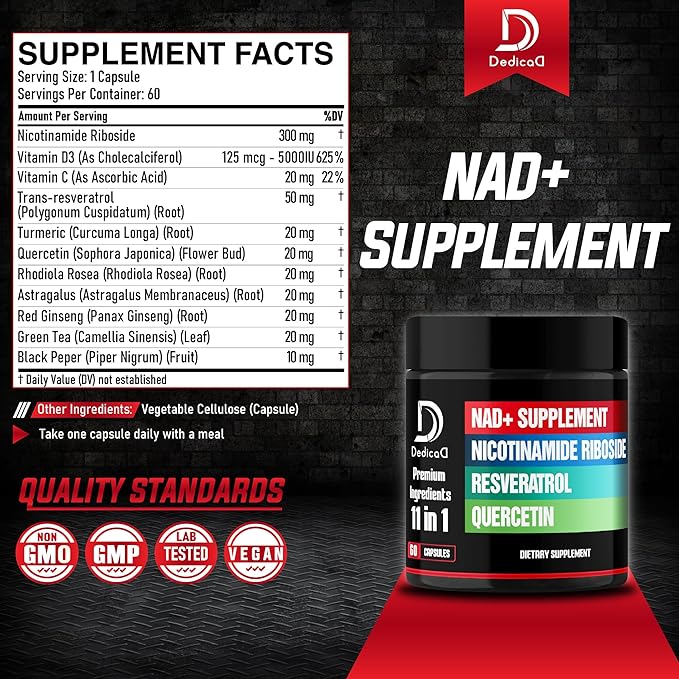 11in1 NAD+ Supplement with Nicotinamide Riboside, Quercetin, Resveratrol and 8 More - 2 Month Supply