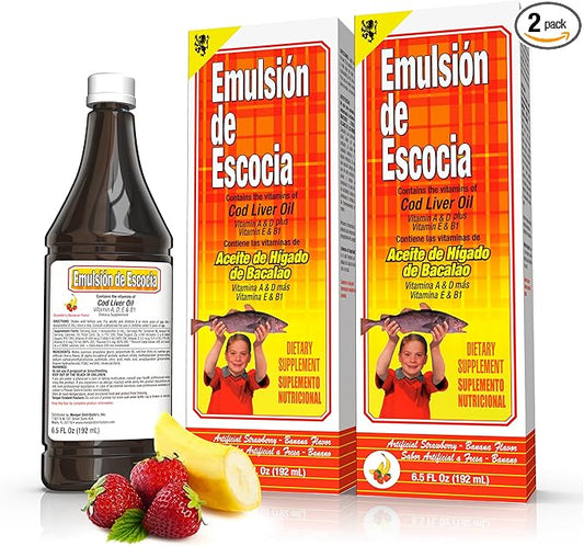 Cod Liver Oil Liquid, Strawberry-Banana Flavor, Fish Oil Liquid with Vitamins A, D, E & B1 for Kids & Adults, Immune & Bone Health, Omega-3, 2 Pack (6.5 fl oz Each)