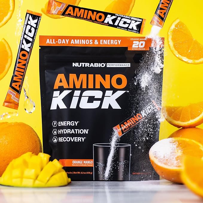 NutraBio – Amino Kick – All in One Performance Formula Energy, Hydration, Recovery 20 Servings, (Orange Mango) – 6g Amino Acids – Support Muscle Building