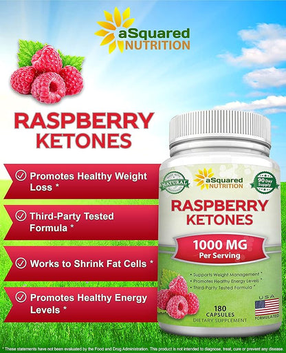 aSquared Nutrition Natural Raspberry Ketones 1000mg-180 Capsules-Weight Loss Supplement, Max Strength Plus Appetite Suppressant Diet Pills, Premium Lean Health Powder to Boost Pure Energy & Metabolism