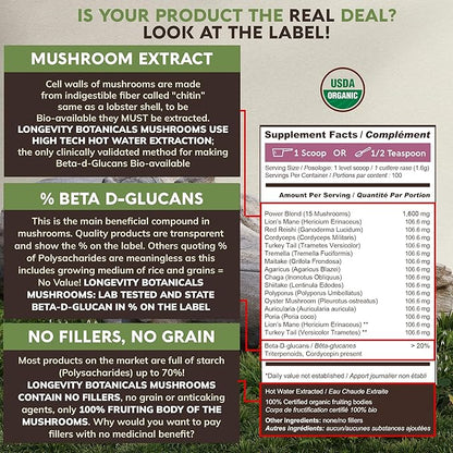 Longevity Botanicals Power 15 Mushroom Blend Extract Powder 100g | Lion’s Mane, Turkey Tail, Reishi, Chaga, Cordyceps, Maitake, Tremella & More | 10:1 Ratio | Complex Mix for Immune & Vitality Support