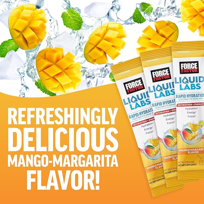 Force Factor Liquid Labs Electrolytes Powder Packets—Mango Margarita—Energy Hydration Packets to Make Electrolyte Water with 5 Essential Electrolytes, Vitamins, Minerals & Antioxidants, 20 Stick Packs
