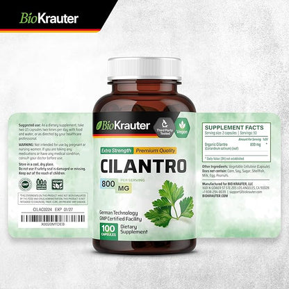 BIO KRAUTER Cilantro Supplement - 800 mg per Serving - 100 Cilantro Capsules - Rich Source of Antioxidants - Natural Cleansing & Detox - Vegan