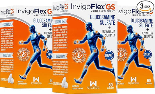 INVIGOFLEX Glucosamine Sulfate (Shellfish Free, Sodium Free & Vegetarian Safe) Non GMO, Gluten Free - with Boswellia Serrata - Premium Joint Supplement GS - 3 Pack