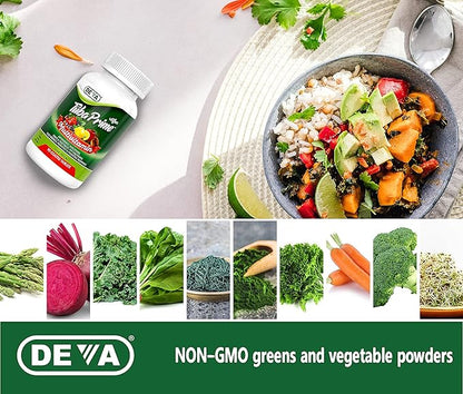 DEVA Tuba Prime Vegan Multivitamin - High-Potency Vitamin and Mineral Dietary Supplement - Antioxidants, Fruit and Vegetable Blend, Super Mushrooms, Probiotics, Prebiotics, Seeds, Herbs - 90 Tablets