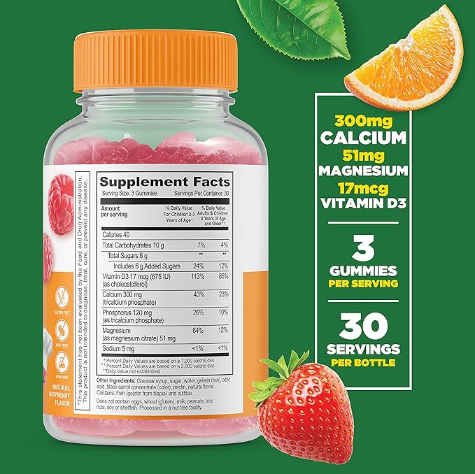 Lifeable Calcium Magnesium Kids + Prebiotic Fiber Kids, Gummies Bundle - Great Tasting, Vitamin Supplement, Gluten Free, GMO Free, Chewable Gummy