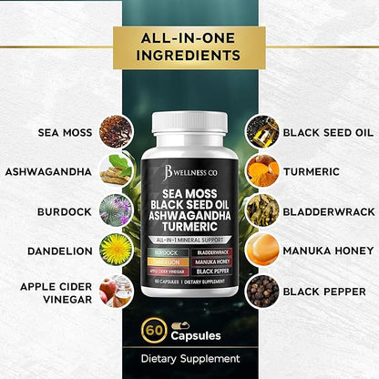 Sea Moss Black Seed Oil Ashwagandha Turmeric Bladderwrack Burdock - with Manuka, Honey Dandelion, ACV Black Pepper Gluten Free- 120 Count