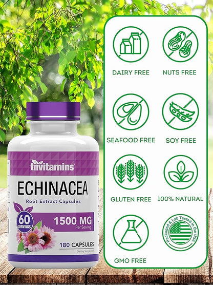 Echinacea Capsules (1500 MG - 180 Capsules) | Supports Health & Well-Being | Echinacea Root Herbal Extract Supplement | Produced in The USA