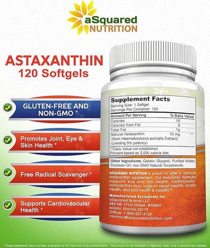 aSquared Nutrition Astaxanthin Supplement - Natural Astaxanthin Pills from Haematococcus Pluvialis Extract for Pure Energy - Max Strength 10mg - 120 Softgels