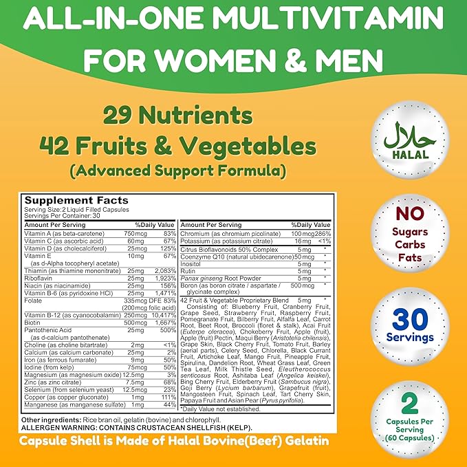 Halal Multivitamins for Women, Men & Adults, 30 Servings | Iron, Vitamin A, B6, B12, Biotin, Niacin, C, D3, E, Zinc, Calcium, Folic Acid, CoQ10 | Halal Vitamins