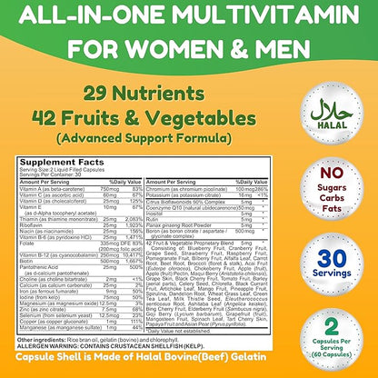 Halal Multivitamins for Women, Men & Adults, 30 Servings | Iron, Vitamin A, B6, B12, Biotin, Niacin, C, D3, E, Zinc, Calcium, Folic Acid, CoQ10 | Halal Vitamins