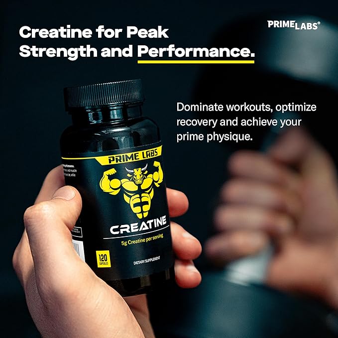 Prime Labs Creatine Monohydrate Capsules - 5g (5000mg) - Muscle Growth, Recovery, Brain Function - for Men & Women - 120 Count