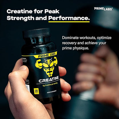 Prime Labs Creatine Monohydrate Capsules - 5g (5000mg) - Muscle Growth, Recovery, Brain Function - for Men & Women - 120 Count