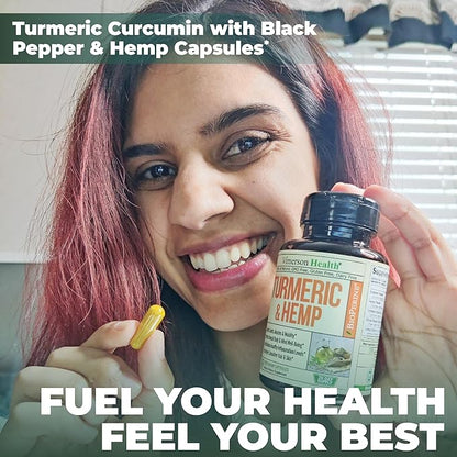 Turmeric Supplement and Hemp Capsules - Turmeric Curcumin with Black Pepper (Bioperine) for Joint, Sleep & Mood Support. Joint Supplements for Women & Men with Tumeric, Hemp & Lemon Balm. 60 Capsules