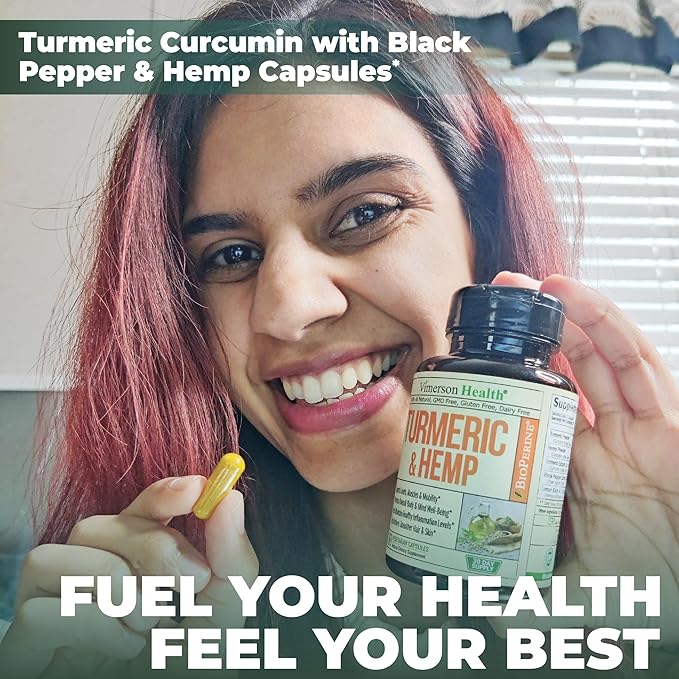 Turmeric Supplement and Hemp Capsules - Turmeric Curcumin with Black Pepper (Bioperine) for Joint, Sleep & Mood Support. Joint Supplements for Women & Men with Tumeric, Hemp & Lemon Balm. 2 Pack