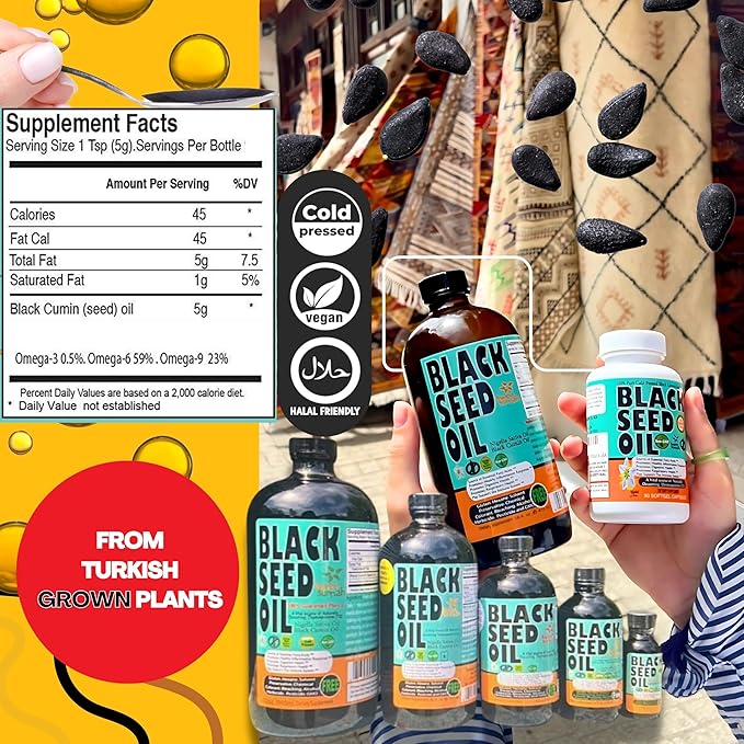 Sweet Sunnah Premium Black Seed Oil - Cold Pressed Nigella Sativa Aids in Digestive Health, Immune Support, Brain Function, Joint Mobility, Gluten Free, Non GMO - 4 Fl Oz