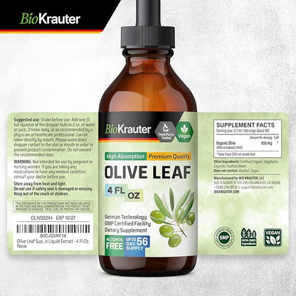 BIO KRAUTER Olive Leaf Extract Liquid - Olive Leaf Tincture for Immune Support - Alcohol and Sugar Free - Vegan Drops 4 Fl.Oz.