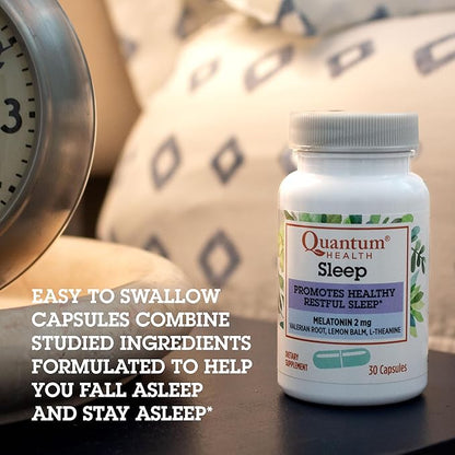 Quantum Health Sleep Melatonin 2mg Healthy Restful Sleep Support Blend with Relaxing Valerian Root, Lemon Balm & L Theanine Daily Mind & Body Well Being for Women & Men - 30 Capsules